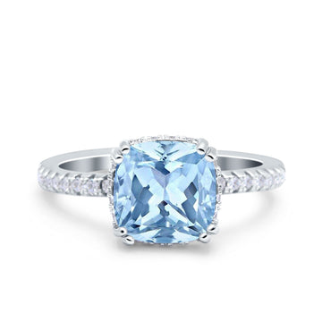 Half Eternity Art Deco Cushion Cut Wedding Bridal Ring Simulated Aquamarine CZ 925 Sterling Silver